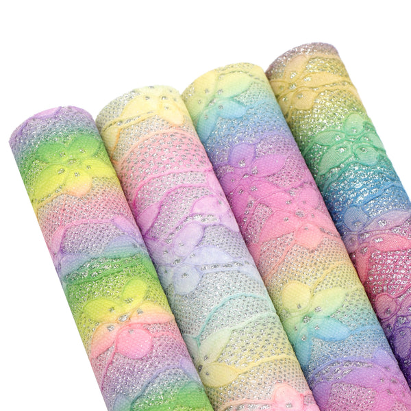 5Pcs A5 Size Faux Leather Sheets Shimmer Fine Glitter Gradient Rainbow Color Lace Flower Covered Synthetic Leather Fabric Set for DIY Earrings Hair Bows Wallets Crafts Projects