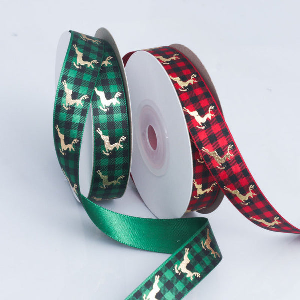 10 Yards Christmas Ribbon - Golden Foil Reindeer Printed Polyester Satin Ribbon for Handmade Design, DIY Gift Packing, and Holiday Decoration