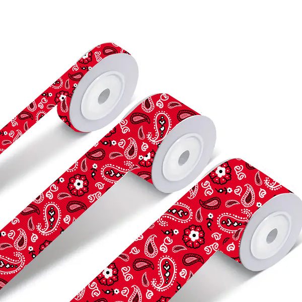 Red Bandana Paisley Print Grosgrain Ribbon Roll - 5 Yards, Assorted Sizes (9mm/16mm/25mm/38mm/75mm) for DIY Crafts, Hair Bows, Wedding & Party Decorations