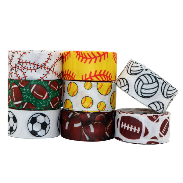 8 Rolls, 1 Inch X 5 Yards/roll Sport Ball Series Baseball Basketball Football Printed Grosgrain Ribbon Set For Gift Wrapping Ribbon Holiday DIY Craft Ribbons For Home Party Decor