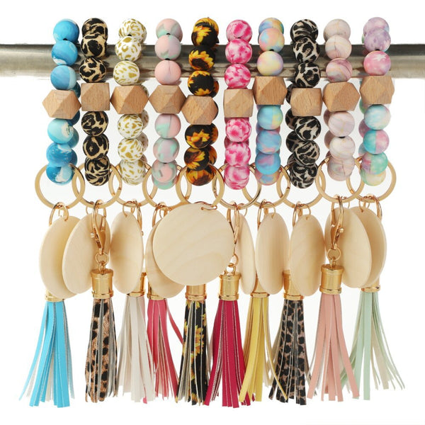 1Pc Silicone Bracelet Keychain Beaded Wristlet Bangle Keyring Portable House Car Keys Ring Holder with Tassel for Women