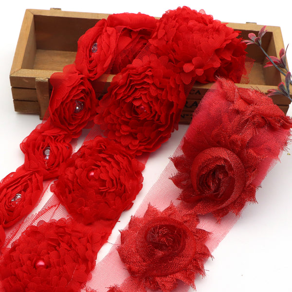 1yard, Valentine's Day Red Flower Pearl Beads Lace Edge Trim Ribbon For Applique Sewing Hairbows Craft Wedding Bridal Dress Party Clothes Decoration