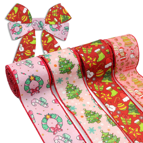 1 Roll 2.5 Inch X 5 Yards/roll Christmas Series Santa Christmas Tree Wreath Printed Decorative Imitation Burlap Wire Edge Ribbon Home Decoration For DIY Gift Box Packaging Bowknot Craft Material