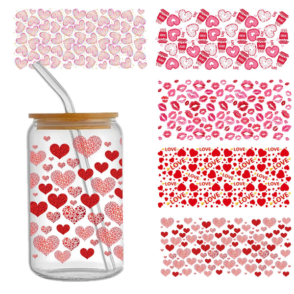 5pcs/set Uv Dtf Transfer Valentine's Day heart love Design Sticker Libbey Glass Cups Diy Wrap Transfer Sticker Glass Cup Waterproof Sticker Bottle Sticker Adhesive Sticker-High Quality 9.5inch*4.3inch For 16oz