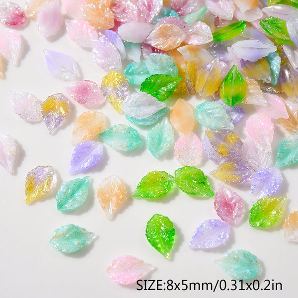 50Pcs Luminous Powder Gradient Leaf Mini 3D Resin For Crafts Flatback Skeleton Shape Stones for DIY Nail Decoration Colors and Designs