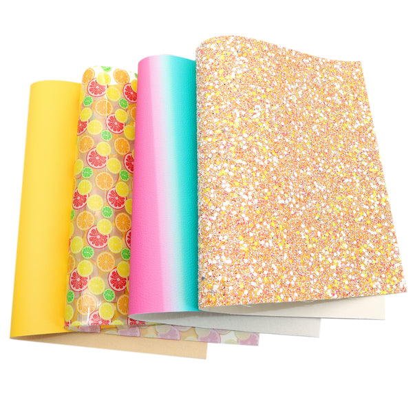 4pcs/set chunky glitter sequins lemon lychee Faux Synthetic Leather Set 7.7*12.9inch Fabric Sheets For DIY Bows Artificial Leather Crafts Handmade Material