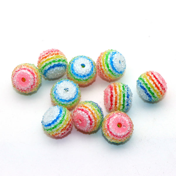 5pcs/pack Rhinestone Faux Crystal Rainbow Striped Round Beads Macaroon Color Beads Round Loose Spacer Beads with Hole for Jewelry Making DIY Bracelet Necklace Chain Earrings Charm Bangle Decors Craft Supplies