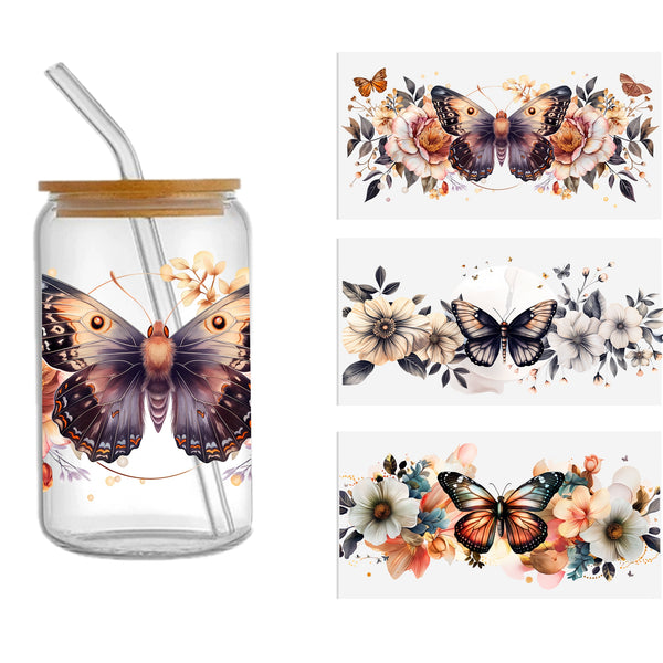 3pieces/set Floral & Butterfly Uv Dtf Transfer Stickers - Waterproof, Self-Adhesive Decals , Jars - Diy Crafts & Home Decor,  Scratch-Resistant Print Self-Adhesive Stickers for Ceramic, Glass, Laptops, Skateboards ， Mugs, Bottles