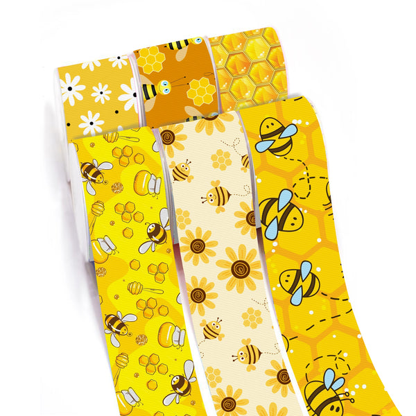 1 Roll 5 Yards 1Inch/25mm Yellow Series Bee Flower Printed Grosgrain Ribbon For Gift Wrapping Ribbon Holiday DIY Craft Ribbons For Home Party Decor