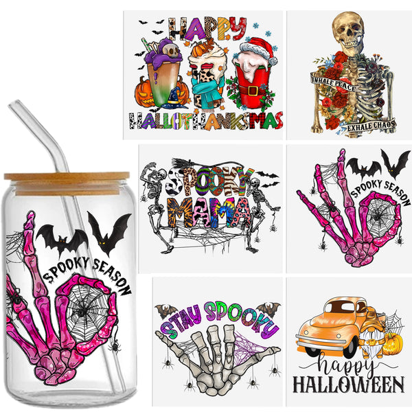 1pc UV DTF Cup Wrap Decals Halloween Skull Ghost Spider Web Bat Horror Series ,  UV DTF Transfer Sticker Waterproof Sticker For  Decorating Mugs, 16OZ ，Cups, Bottles, School Supplies, Etc, Arts Crafts, DIY Art Supplies