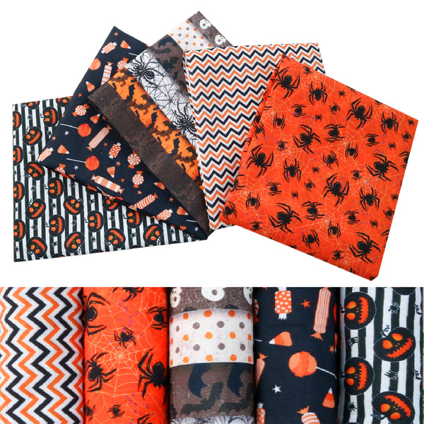 5-Piece Halloween Polyester Holiday Fabric Bundle 7.87X7.87" - Thick, Pre-Cut Quilting Squares With Spider pumpkin Candy Designs For Diy Crafts And Decorations