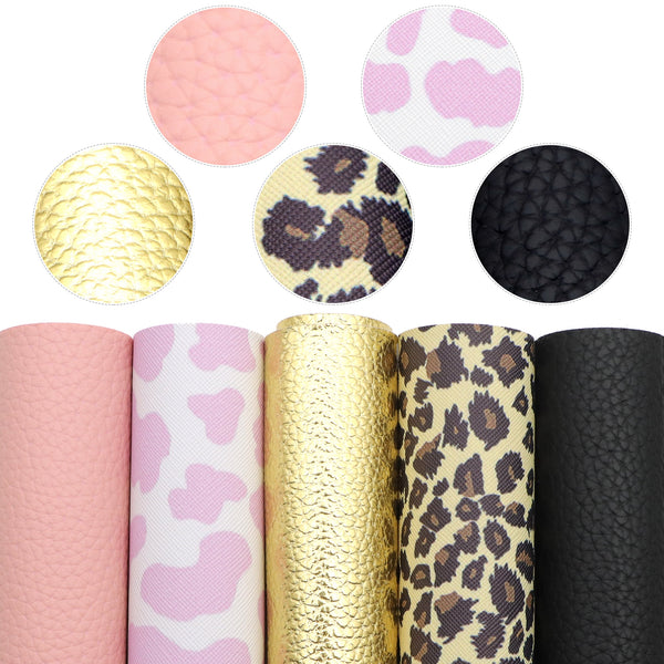 Leopard cow Faux Synthetic Leather Set 5piece/set 7.7*12.9inch Fabric Sheets For DIY Bows Leather Crafts Handmade Material