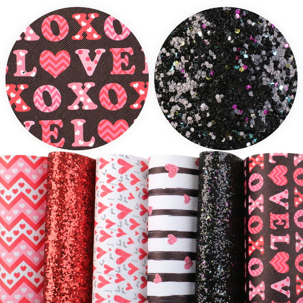 6pcs/Set 7.87x12.99inch Valentine's Day Glitter Printed Faux Synthetic Leather Sheets Fabric for Earrings Bows Handbags DIY Handmade Sewing Materials