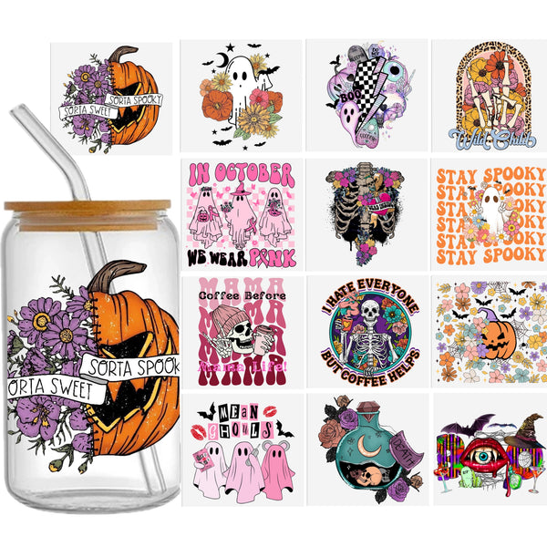 1pc Halloween pumpkin ghost horror Series Sticker For 16oz Glass Cups,Uv Dtf Transfer Diy Crystal Label,Faith Cross Libbey Glass Wrap ,Vinyl Cup Wrap ,Uv Stickers Diy Sticker For Glass Bottle-High Quality Tumbler Furniture Craft Wood DIY Crafts