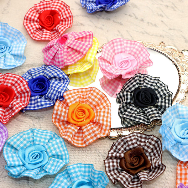 5pcs Handmade Flower Hair Accessories Bases with Plaid RuffleTrim Ribbon , Polyester Satin Fabric Flowers for Sewing, Headbands, Brooches, Dress Collar, Scarf Decorations