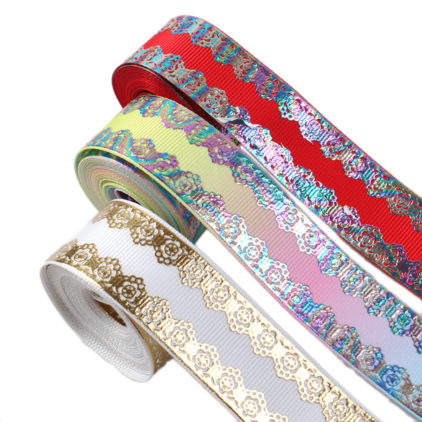 1 Roll, 1Inch/25mm X 5 Yards/roll Colorful Golden Silver Pattern Foil Printed Grosgrain Ribbon For Gift Wrapping Ribbon Holiday DIY Craft Ribbons For Home Party Christmas Wedding Decor