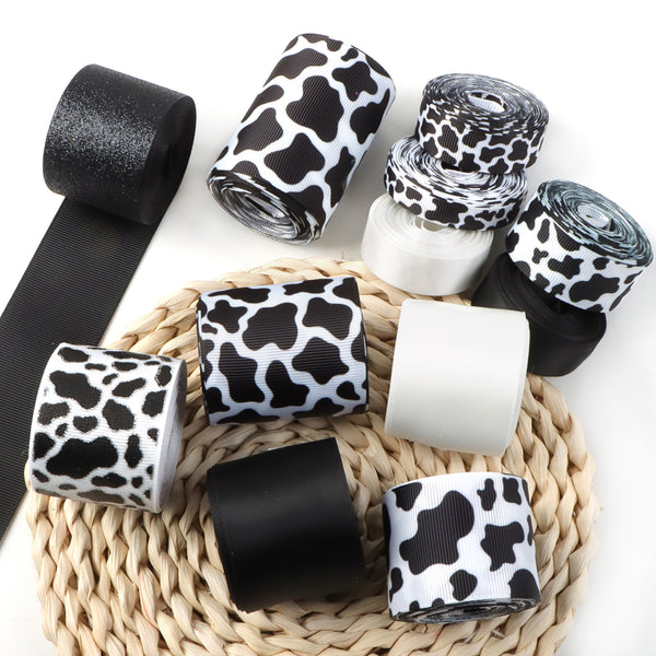 Set, 9mm/16mm/22mm/38mm/50mm/63mm Cow Printed Grosgrain Ribbon Roll Set Black And White Cow Spot Pattern Ribbon For Gift Wrapping Ribbon Holiday DIY Wreath Craft Ribbons For Home Party Decor Scene Decor (12roll/set,5yard/roll)