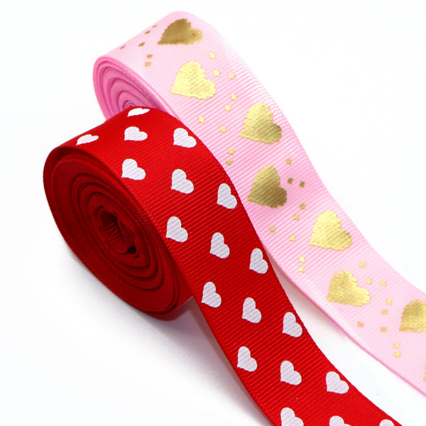 5yards 25mm/1in Valentine Heart Print Grosgrain Ribbon Roll For Wreaths Gift Wrapping Party Decoration DIY Hair Bows Crafts Headwear Decoration Sewing Accessories