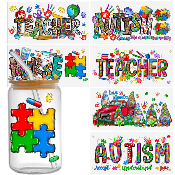 6pcs/set Autism Awareness Designs UV DTF Sticker Transfer DIY Waterproof Adhesive Sticker For 16 OZ Cups Clear Jar Water Bottle Decorate