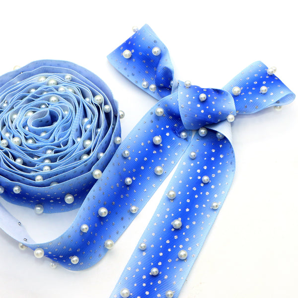 1 Roll 5 Yards 1.5inch/38mm Blue Series Snow Dots Pattern White Pearl Beads Grosgrain Ribbons For Gift Wrapping Hair Bow Party Holiday Decor Wedding Favor Craft Supplies