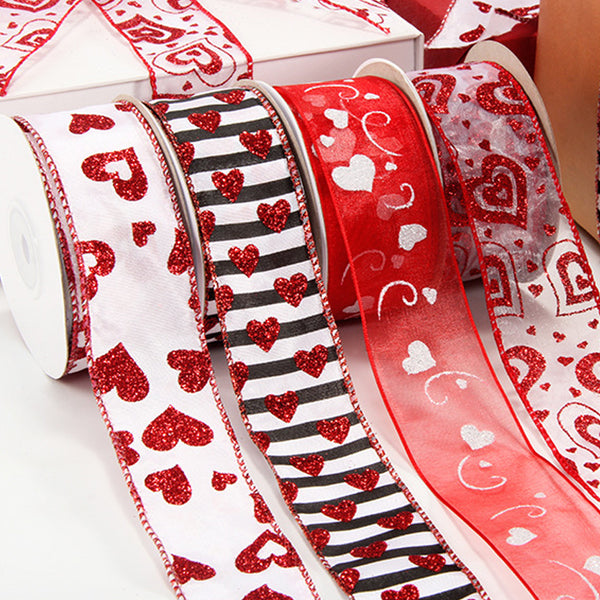 1 Roll 5 Yards 2.5inch/1.5inch Width Chiffon Linen Wire Edge Ribbon Roll with Red Heart Glitter Print,- Ideal for Wedding Party Decor, Gift Wrapping, DIY Crafts, Bow Making, Wreath Embellishments - Occasion Valentine's Day Decorative Ribbons