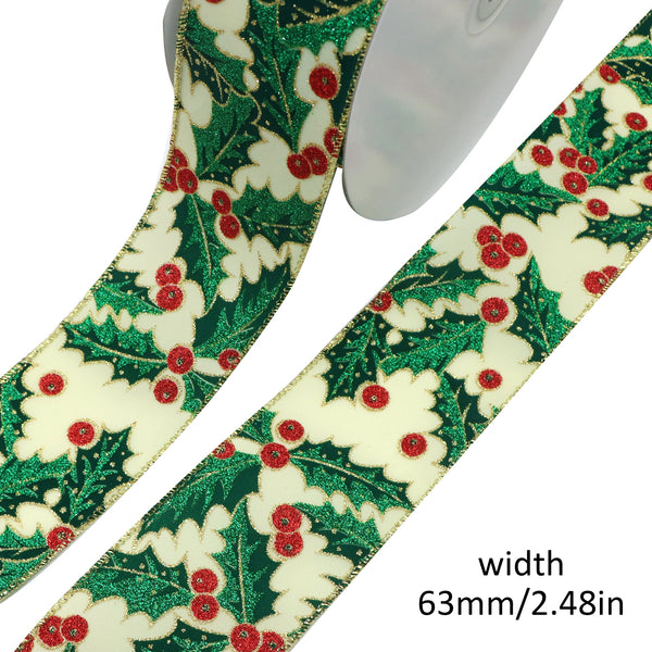 5 Yards Glitter Holly Velvet Wired Ribbon With Wired Edge,for Christmas Craft Decorations, Gift Wrapping, Wedding Parties