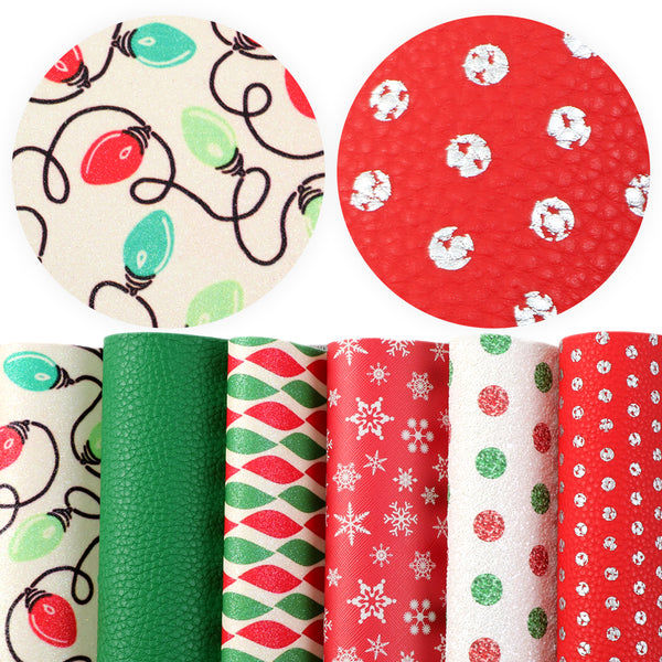 6Pcs/set 7.87x12.99inch Christmas Theme Faux Leather Set Synthetic Leather Sheets PVC Material Printed for DIY Earrings Hair Bows Crafts Projects