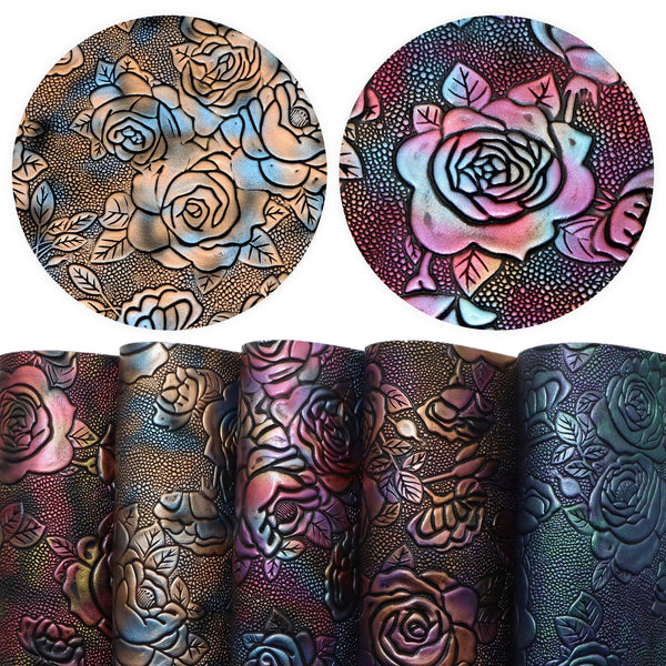 5Pcs/set Bump Textured Faux Leather Set Blossom Rose Flowers 7.87x12.99inch Synthetic Leather Fabric Sheets Gradient Metallic Color for Earrings, Bags, Phone Case, Pencil Case, Wallet, Handbags, Making DIY Craft, Hair Accessories DIY Projects