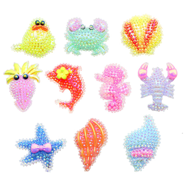 10Pcs Ocean Series Rhinestone Faux Crystal Acrylic Beads Mixed Colors Animals Crab Dolphin Star Shell Shaped 3d Flatback Resins Cabochons Ornaments for DIY Crafts Supplies Phone Shell Art Decors