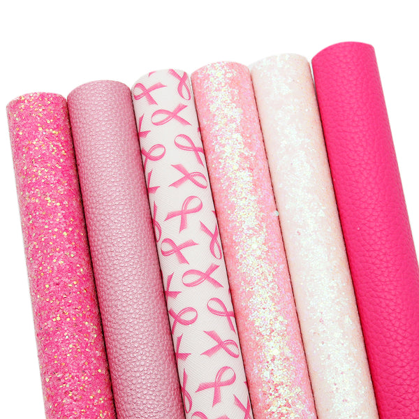 Breast cancer pink series glitter lychee Faux Synthetic Leather Set 6piece/set 7.7*12.9inch Fabric Sheets For DIY Bows Leather Crafts Handmade Material