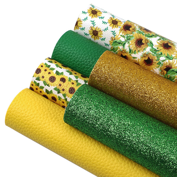 7pcs/set Flower Sunflower plain color glitter Faux Synthetic Leather  7.7*12.9inch Fabric Sheets For DIY Bows, Waist Belt, Earrings, Handbag, Phone Case, Pencil Case ,Shoes Bags Artificial Leather Crafts Handmade Material