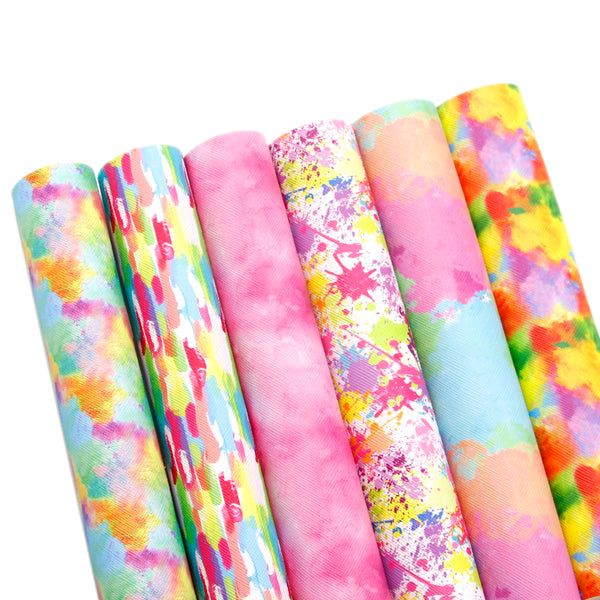 6Pcs/Set Tie Dye Paint Splatter Printed Faux Leather Sheets 7.87x12.99inch Synthetic Leather Fabric Set for DIY Handmade Crafts Earrings Hair Bows Projects Supply