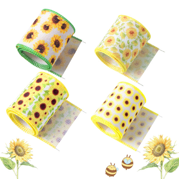 4 Rolls 2.5 Inch X 5 Yards/roll Sunflower Printed Decorative Imitation Burlap Wire Edge Ribbon Party Decoration For DIY Gift Box Packaging Bowknot Craft Material