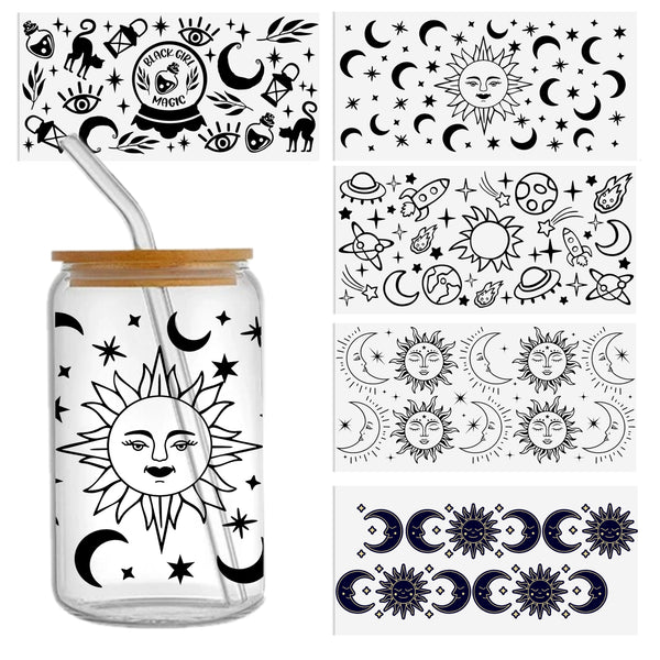 1pc Waterproof sun star moon galaxy universe Series Sticker For 16oz Glass Cups,Uv Dtf Transfer Diy Crystal Label,Faith Cross Libbey Glass Wrap ,Vinyl Cup Wrap ,Uv Stickers Diy Sticker For Glass Bottle-High Quality Tumbler Furniture Craft Wood DIY Cr