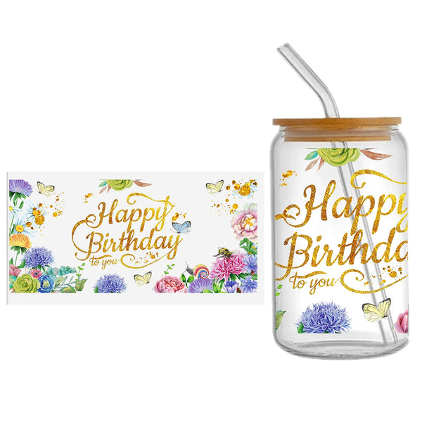 1pc UV DTF Cup Wrap Decals Happy birthday Series On It UV Transfer Printing Waterproof Self-adhesive Stickers For Mug Water Bottle Cup Custom Metal Plastic Stationery Sticker 16oz