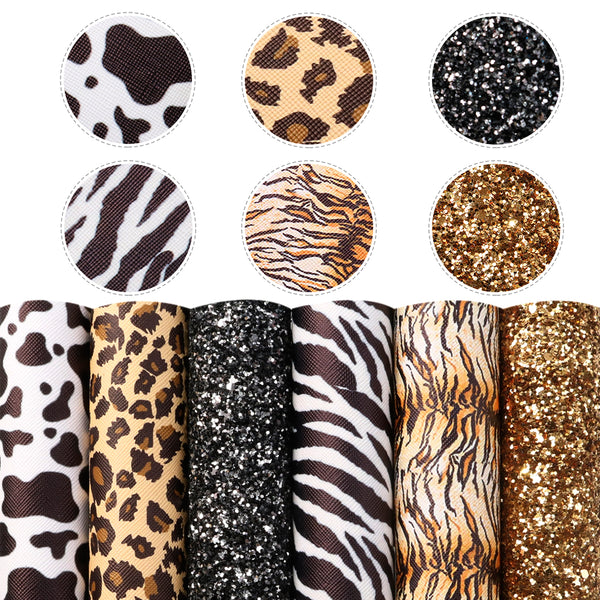 6pcs/set 7.87x12.99inch Chunky Glitter Leopard Printed Faux Leather Sheets Velvet Gold Zebra Metallic Synthetic Leather Fabric for Bows Earrings Crafts