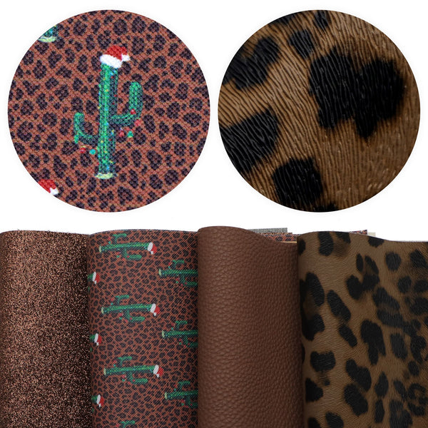 4pcs/set leopard cactus Christmas day glitter Faux Synthetic Leather  7.7*12.9inch Fabric Sheets For DIY Bows, Waist Belt, Earrings, Handbag, Phone Case, Pencil Case ,Shoes Bags Artificial Leather Crafts Handmade Material