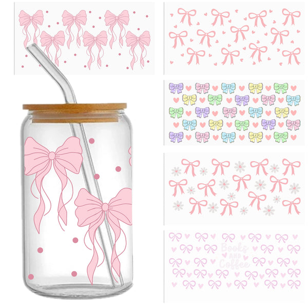 5pcs/set Bow Pattern UV DTF Cup Stickers, Waterproof Sticker Pack For Decorating Mugs, Cups, Bottles, School Supplies, Etc, Arts Crafts, DIY Art Supplies For 16oz Glass Cupfor a gift Waterproof Sticker Bottle Sticker Adhesive Sticker-High Quality