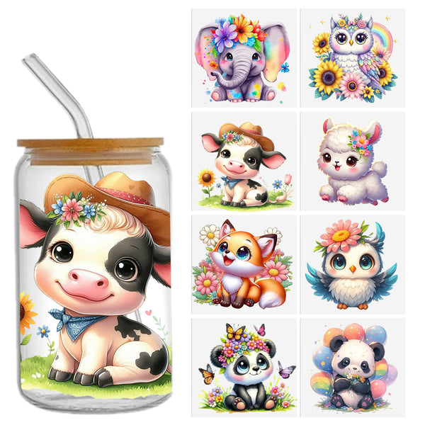 8pcs/set Uv Dtf Transfer cute animal flower -cow-sheep-fox-panda-owl pattern Design Sticker Libbey Glass Cups Diy Wrap Transfer Sticker Glass Cup Waterproof Sticker Bottle Sticker Adhesive Sticker-High Quality For 16oz