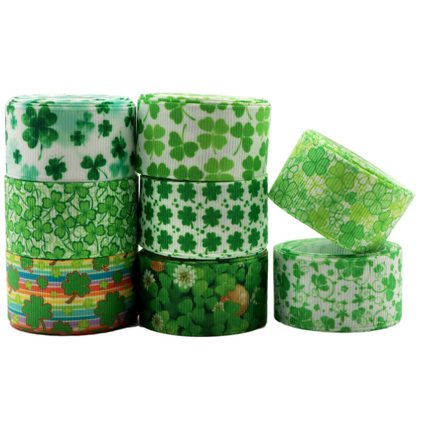 8 Rolls, 1Inch/25mm X 2 Yards/roll Green Clover Printed Grosgrain Ribbon Set For Gift Wrapping Ribbon St. Patrick's Day Holiday DIY Craft Ribbons For Home Party Decor