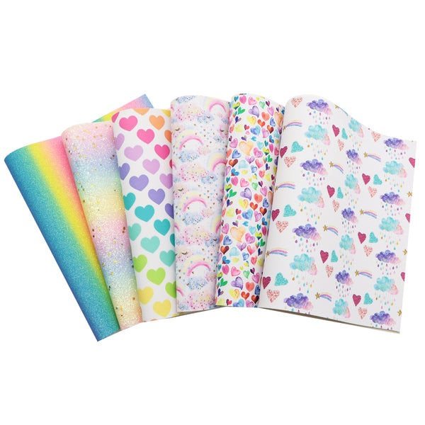 Valentine's Day heart rainbow sequins glitter Faux Synthetic Leather Set 6piece/set 7.7*12.9inch Fabric Sheets For DIY Bows Leather Crafts Handmade Material