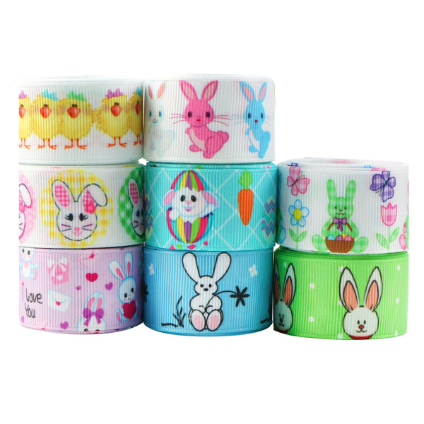 8 Rolls, 1 Inch X 2 Yards/roll Easter Bunny Carrot Eggs Printed Grosgrain Ribbon Set For Gift Wrapping Ribbon Holiday DIY Craft Ribbons For Home Party Decor