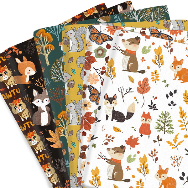 1pc Fall Autumn Squirrel Fox Butterfly Maple Leaf  Pinecones Pattern Quilting Fabric-57x19.68inch(145x50cm) Polyester Cotton Craft Fabrics DIY Handmade Projects Doll Clothes Fabric Precut For hanksgiving Day,Turkey Day Patchwork Craft(108gsm)