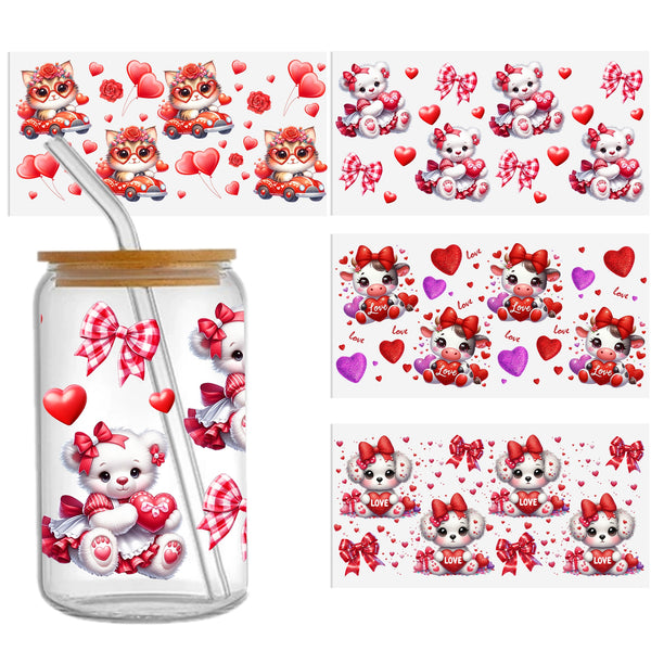 4pcs/set UV DTF Cup Wrap Decals Valentine's Day cute Animals-Cat-Dog- Cow-Bear Series For Any Hard Surface, Scratch-Resistant Decals With Vibrant Colors  Sticker Waterproof Sticker For Libbey Glass Cups 16OZ DIY Tumbler Furniture gift