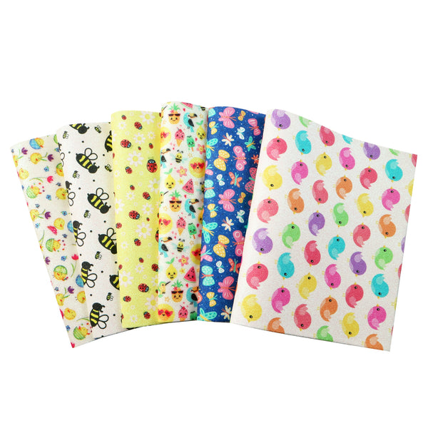 Flower bee ladybug bird pineapple animal glitter Faux Synthetic Leather Set 6piece/set 7.7*12.9inch Fabric Sheets For DIY Bows Leather Crafts Handmade Material