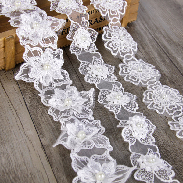 1 Yard, Single-Layer Beaded Lace Trim, Embroidered Flower Design, Pearl-Adorned Lace, Organza Floral Edge For Clothing Neckline Cuffs, Curtain Home Decor, Handcraft DIY Sewing Embellishment