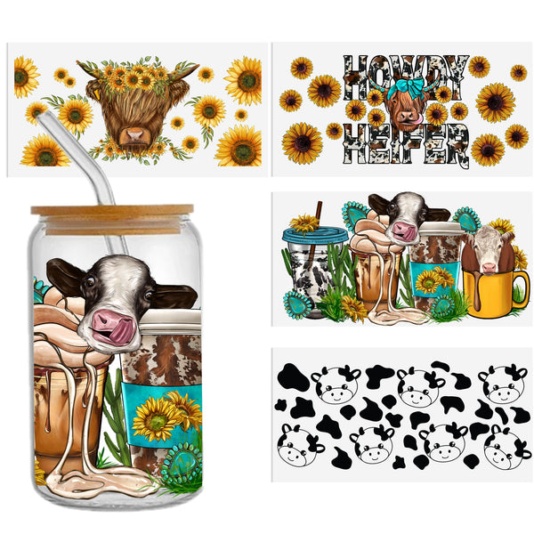 1pc UV DTF Cup Wrap Decals Cow Design UV DTF Transfer Sticker Waterproof Sticker For 16OZ Libbey Glass Cups And For Any Hard Suface Furniture Craft Wood DIY Crafts