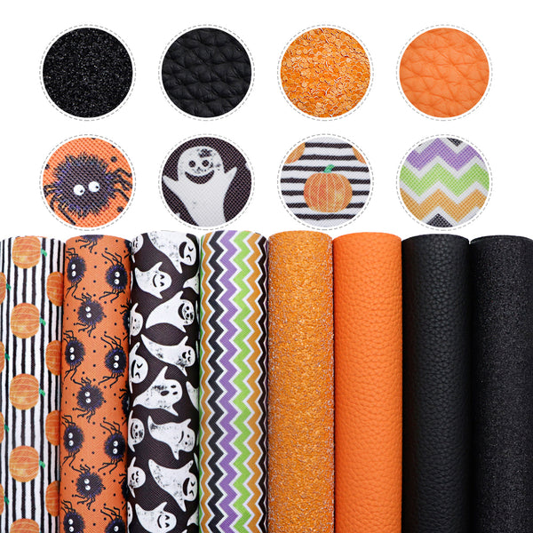 Halloween Ghost Pumpkin 8-Piece Set Faux Leather Fabric, 7.87x12.99inch,PVC Material Synthetic Leather- Perfect For Diy Earrings, Bag,Hair Bows, And Crafts