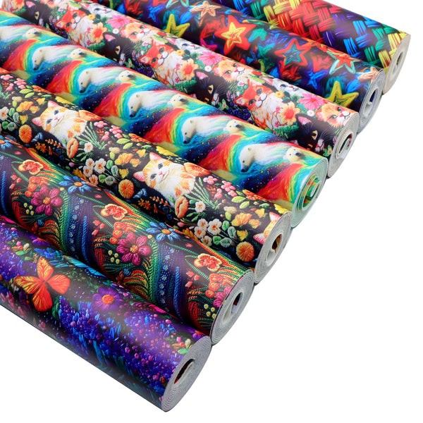 1Roll 11.8x55.1in Smooth Textured Faux Leather Sheet 3d Scene Blossom Flowers Floral cat Rainbow Star Polar Bear Printed Synthetic Leather Fabric Roll For DIY Earrings Hair Bows Crafts Bag Projects Supply