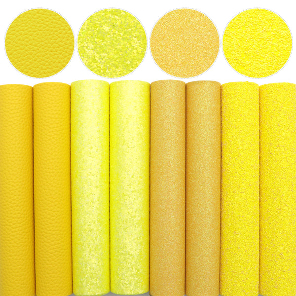 8pcs/set 2pcs/style 7.87x12.99inch Yellow Color Faux Leather Sheets Chunky Glitter Lychee Pattern Synthetic Leather Fabric Set 20x33CM for DIY Earrings Bows Handbag